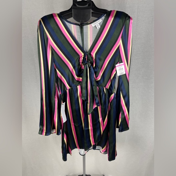 Top shop STRIPE PRINT MINI DRESS WITH TIE FRONT IN MULTI size 6 NWT - Picture 5 of 10